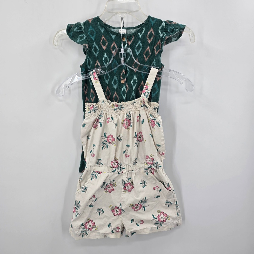 Carters Girls Romper Set 2pc Green Ikat Diamond Floral Pink Cream Size 5 5A